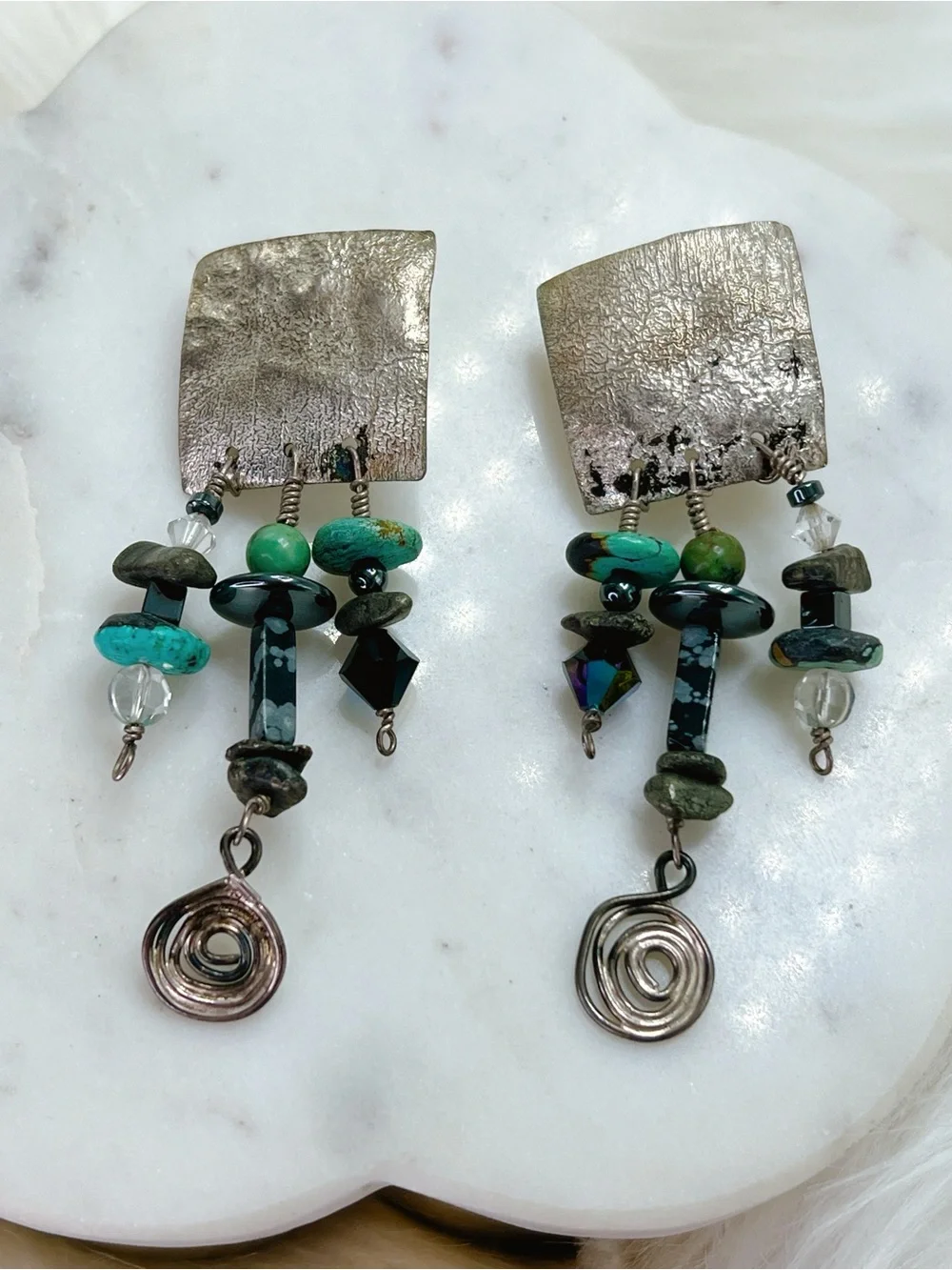 Navajo Turquoise hematite Mixed-Stone Dangle Earrings Artisan swirl silver drop